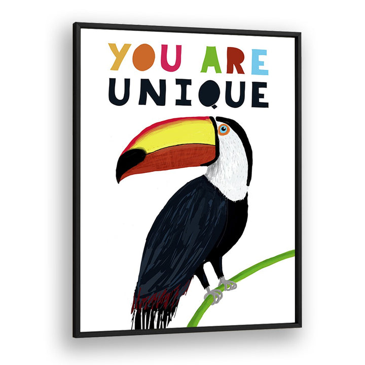 You Are Unique Colorful Toucan With Colorful Text By Carla Daly Kids Painting in Black Plain Frame