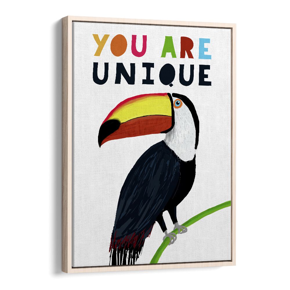 You Are Unique Colorful Toucan With Colorful Text By Carla Daly Kids Painting in Oak Wood Floater Frame