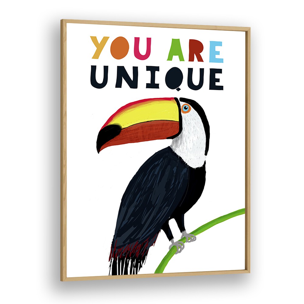 You Are Unique Colorful Toucan With Colorful Text By Carla Daly Kids Painting in Oak Wood Plain Frame