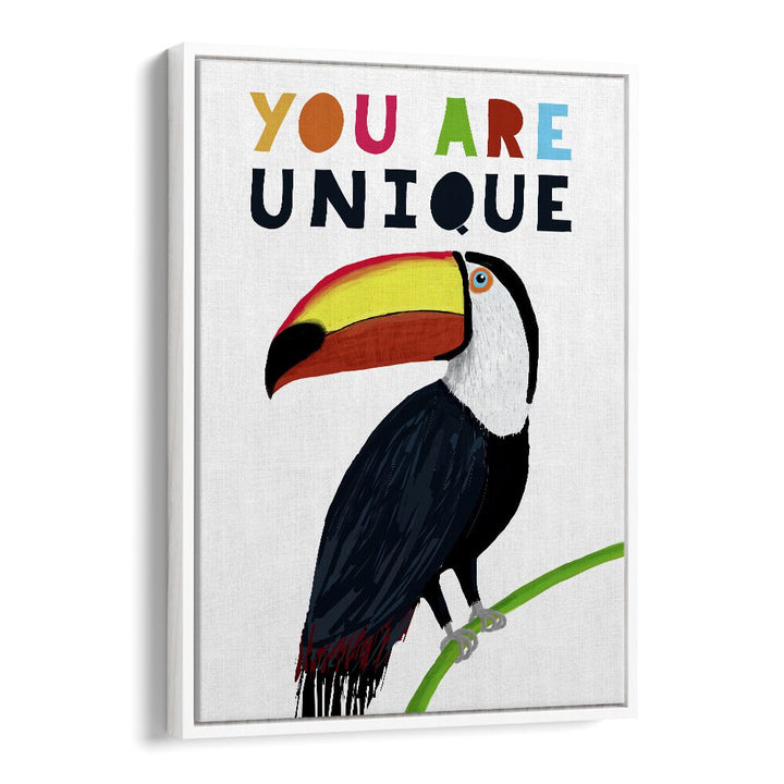 You Are Unique Colorful Toucan With Colorful Text By Carla Daly Kids Painting in White Floater Frame