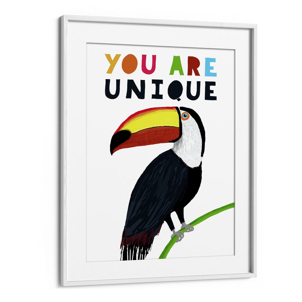 You Are Unique Colorful Toucan With Colorful Text By Carla Daly Kids Painting in White Frame With Mount