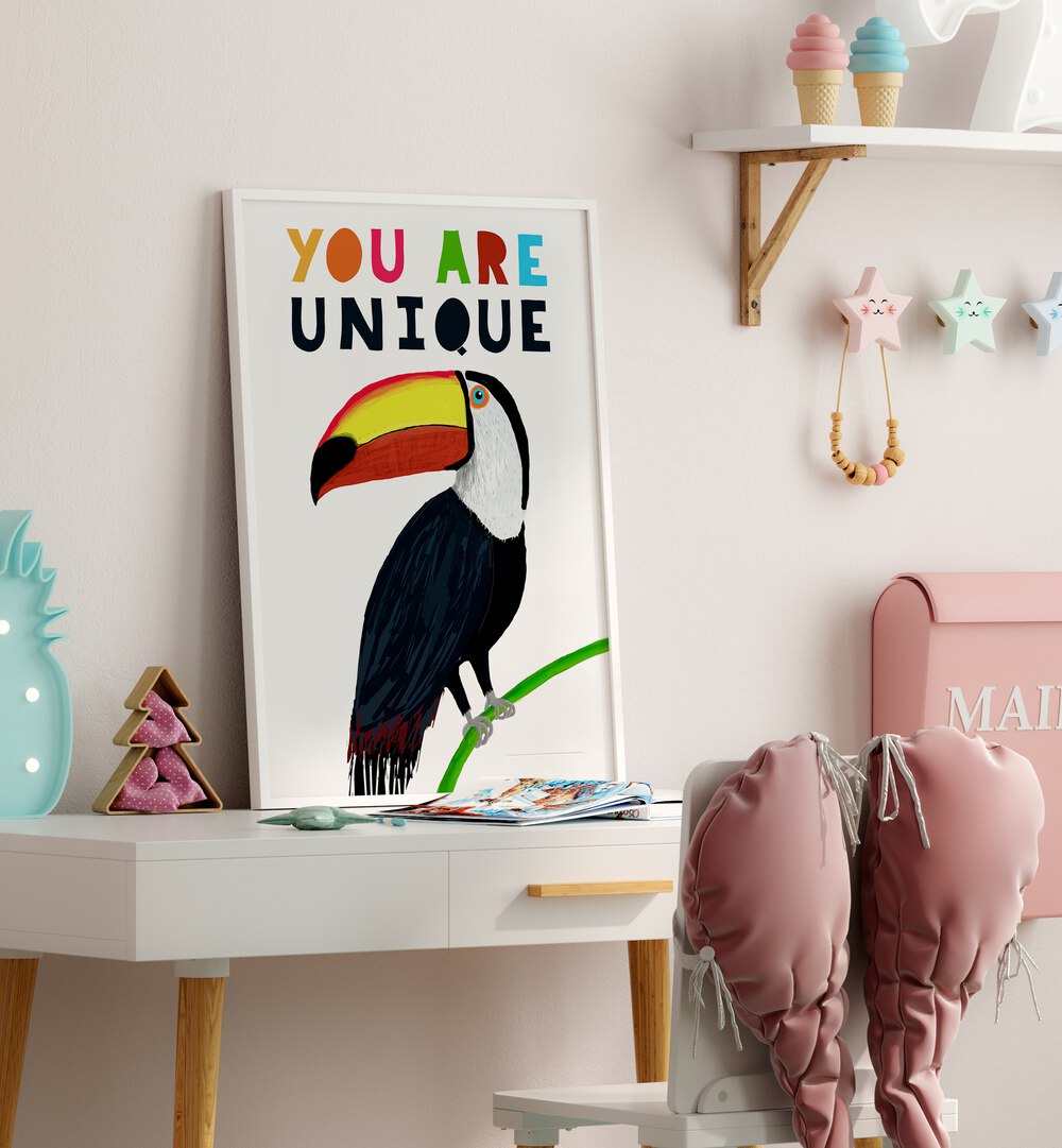 You Are Unique Colorful Toucan With Colorful Text By Carla Daly Kids Paintings placed on a wall