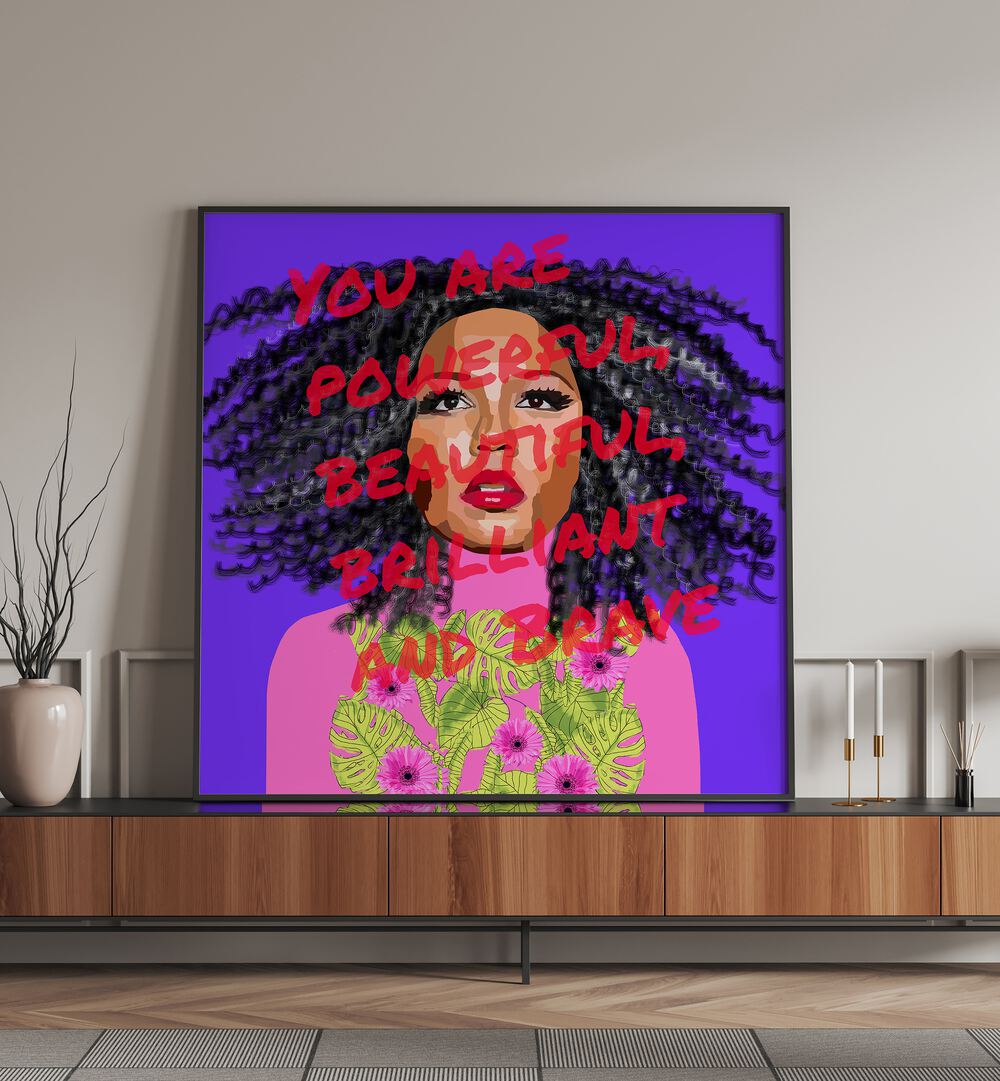 You By Lynnda Rakos Pop Art Paintings Pop Art Prints in Black Plain Frame placed on a console table