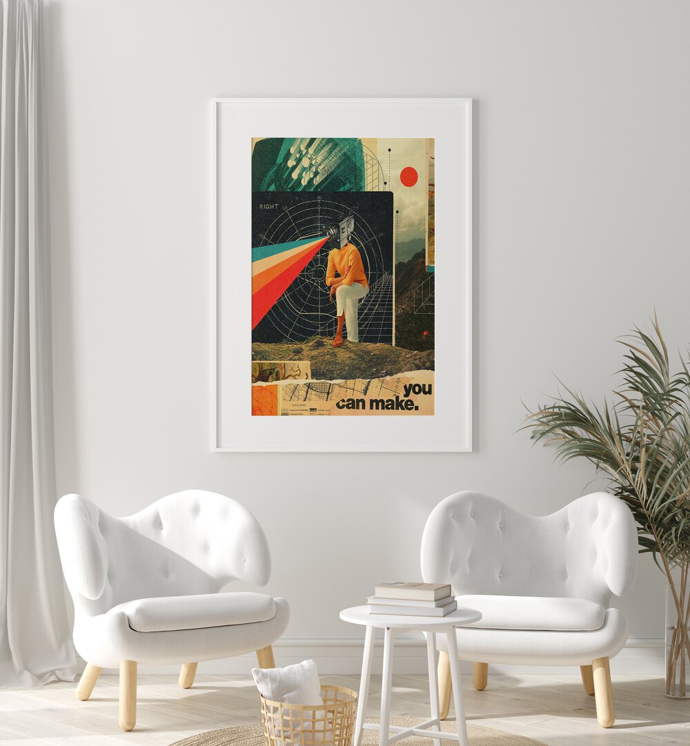 You Can Make It Right By Frank Moth Surreal Art Prints Surrealism in White Frame With Mount placed on a wall behind two chairs