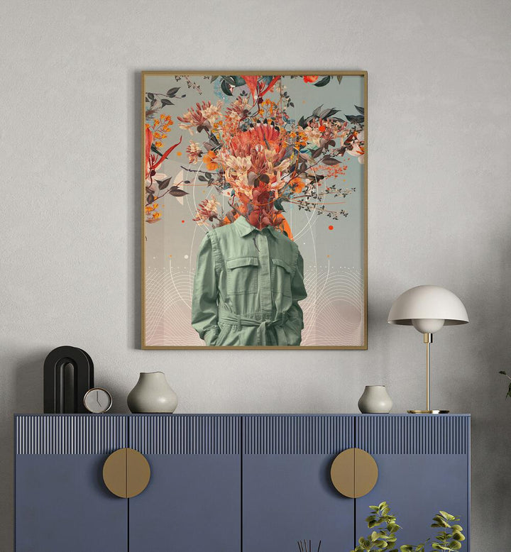 You Smell Like Home By Frank Moth Surreal Art Prints Surrealism in Oak Wood Plain Frame placed on a wall behind a console table