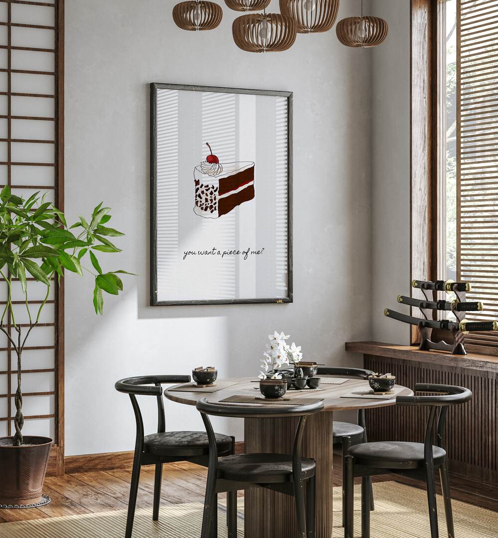 You Want A Piece Of Me By Orara Studio Kitchen Posters Kitchen Art Prints in Dark Wood Plain Frame placed on a White Colored Wall near a Dining Table in the Dining Room