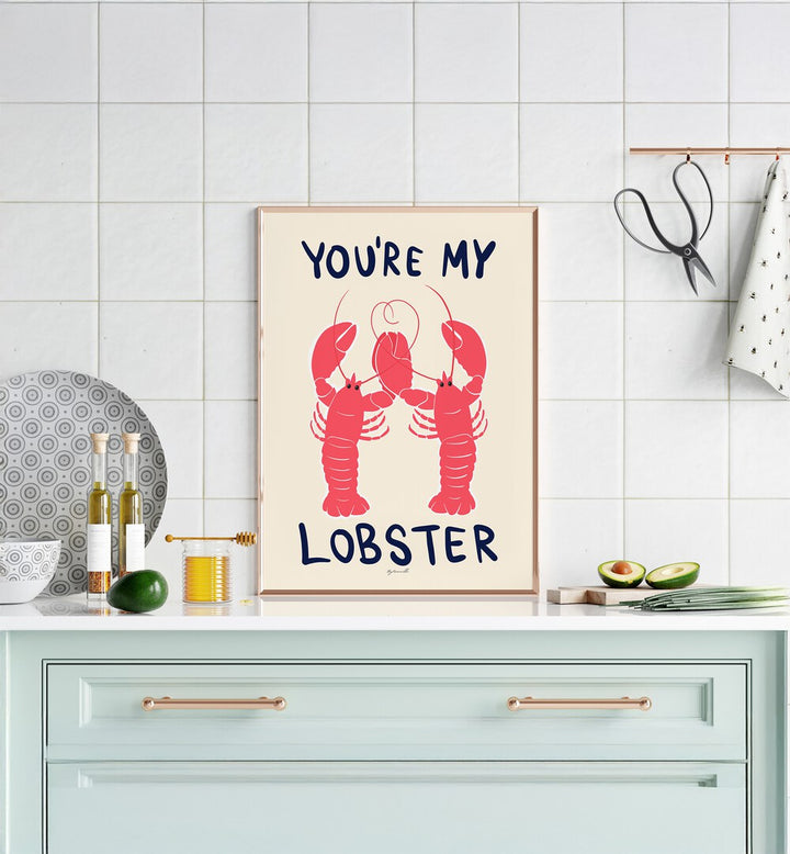 You're My Lobster Kitchen Posters Kitchen Art Prints in Gold Plain Frame placed on a Console Table in the Kitchen