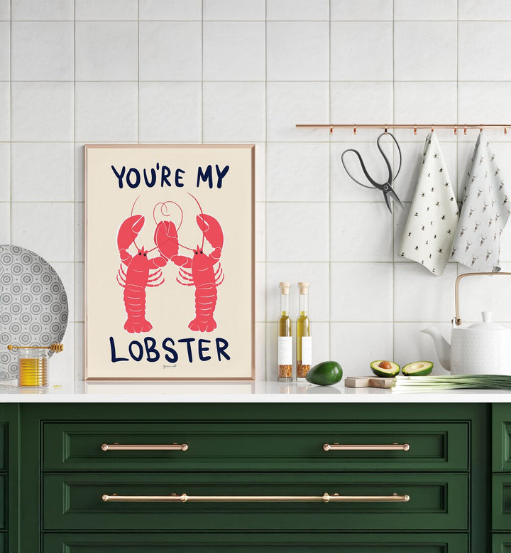 You're My Lobster Kitchen Posters Kitchen Art Prints in Gold Plain Frame placed on a Console Table in the Kitchen