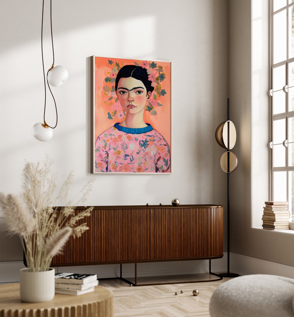 Young Frida Peach By Treechild Women Illustration Art Prints in Oak Wood Plain Frame placed on a Beige Colored Wall above a Console Table in the Drawing Room