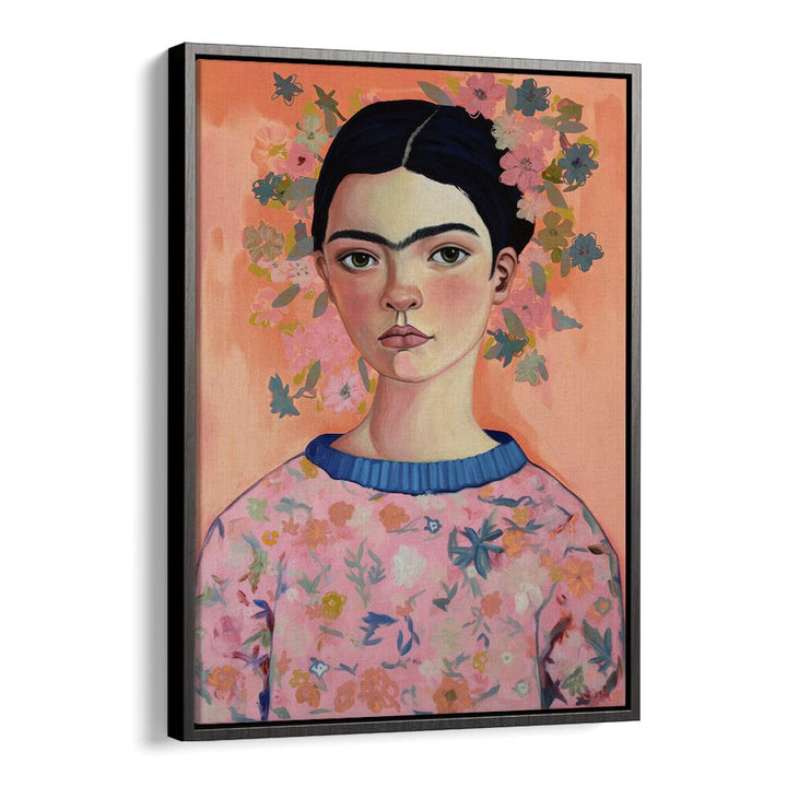 Young Frida Peach By Treechild Women Illustration Art Prints in Black Floater Frame