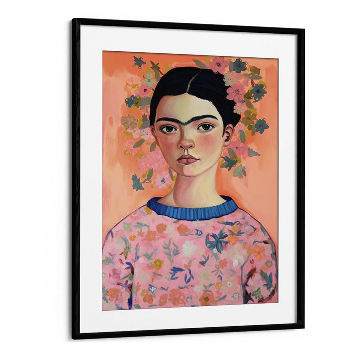 Young Frida Peach By Treechild Women Illustration Art Prints in Black Frame With Mount