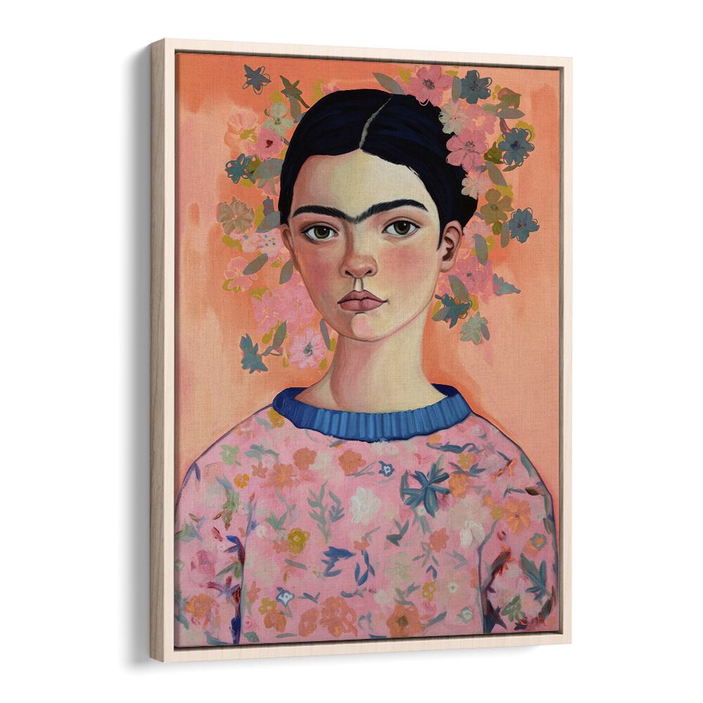 Young Frida Peach By Treechild Women Illustration Art Prints in Oak Wood Floater Frame