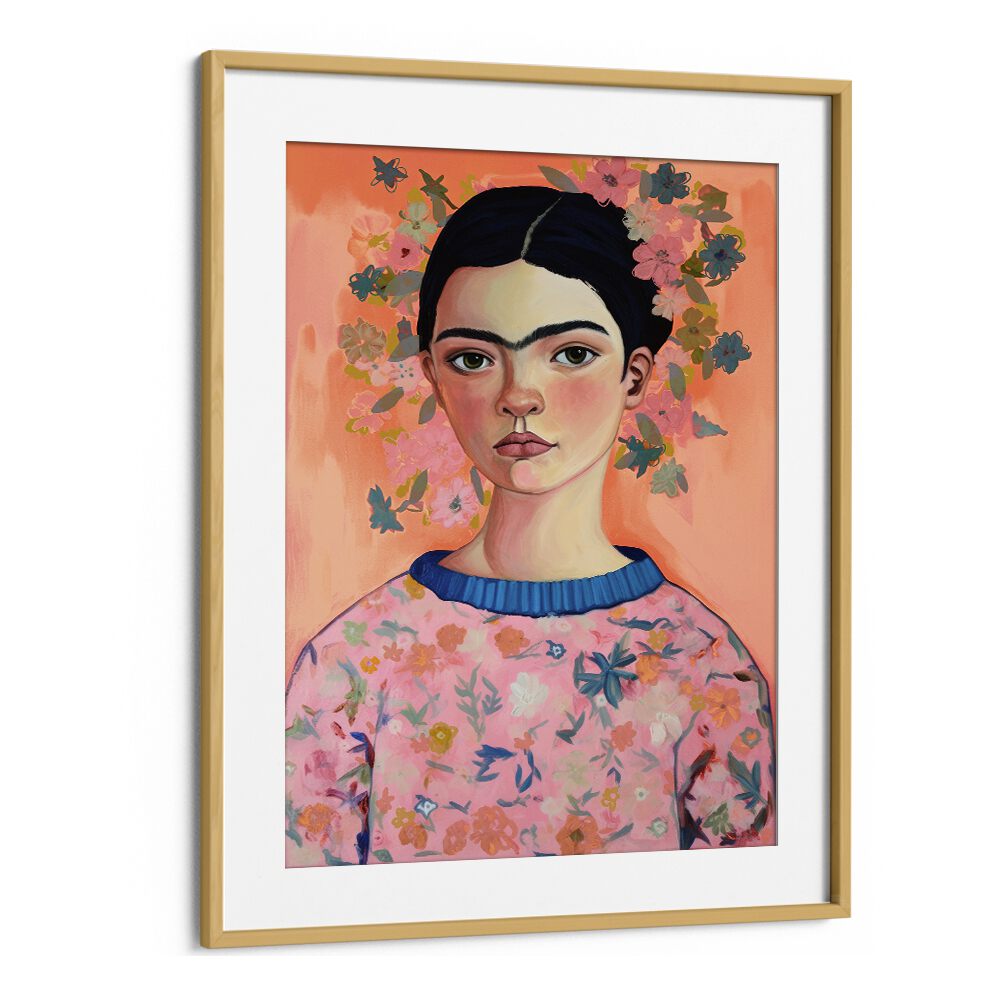 Young Frida Peach By Treechild Women Illustration Art Prints in Oak Wood Frame With Mount