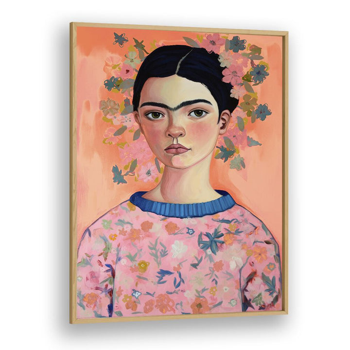 Young Frida Peach By Treechild Women Illustration Art Prints in Oak Wood Plain Frame