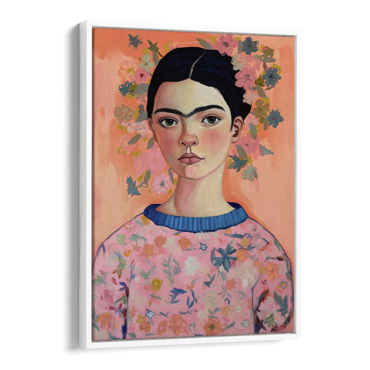 Young Frida Peach By Treechild Women Illustration Art Prints in White Floater Frame