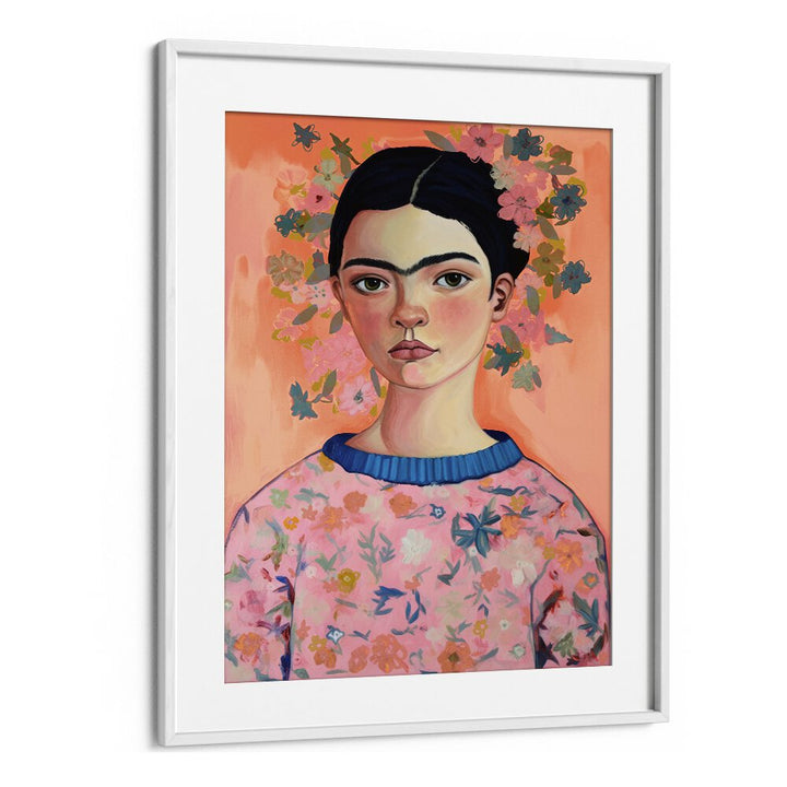 Young Frida Peach By Treechild Women Illustration Art Prints in White Frame With Mount