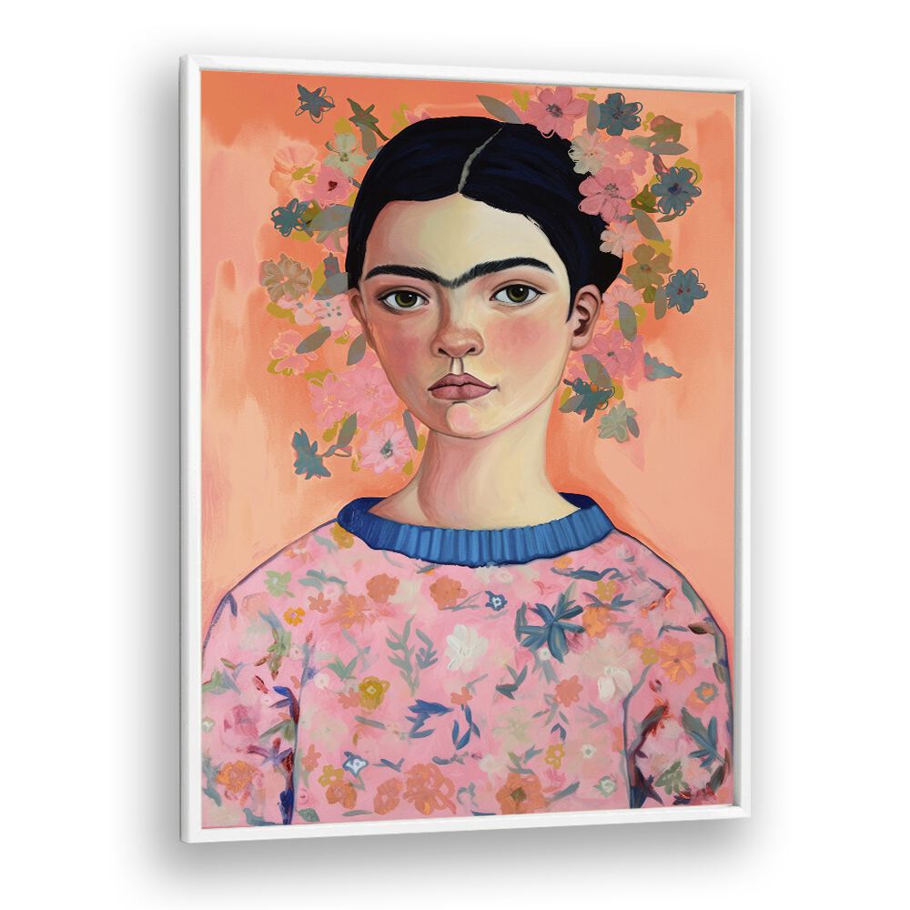 Young Frida Peach By Treechild Women Illustration Art Prints in White Plain Frame