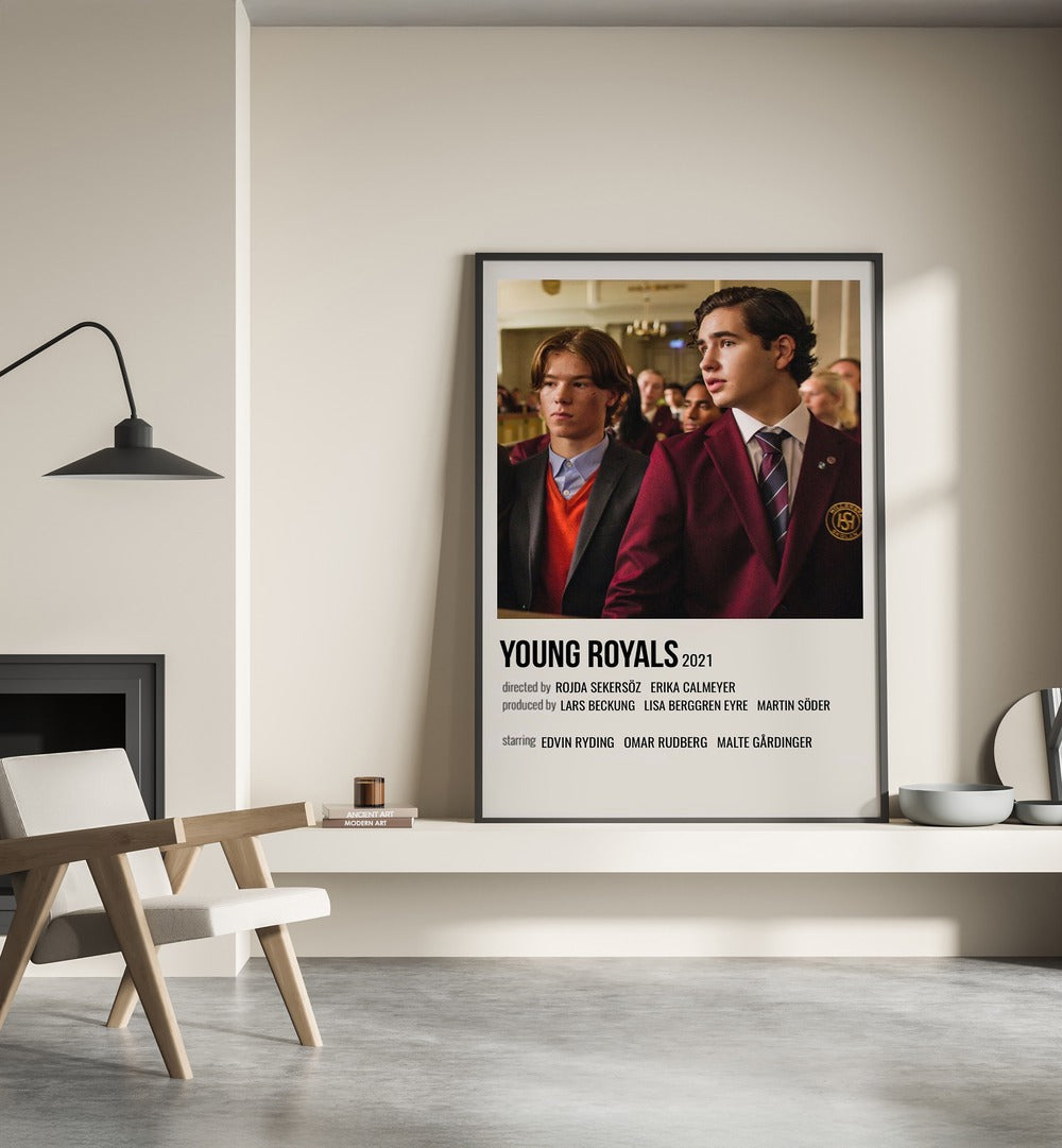 Young Royals 2021 Movie Posters in Black Plain Frame placed on a shelf beside a hearth