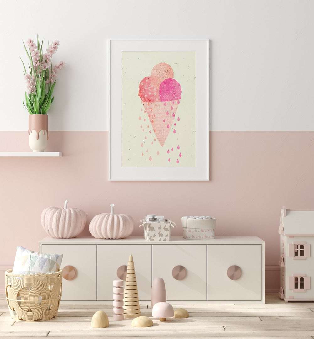 Yummy Ice By Treechild Kitchen Art Prints in White Frame With Mount placed on a Pink Colored Wall in the Kids Room