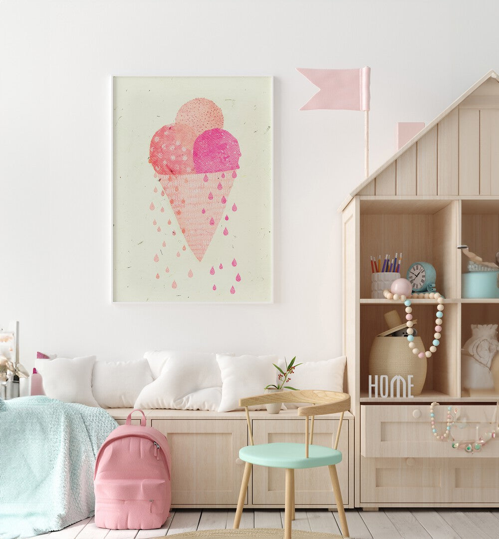 Yummy Ice By Treechild Kitchen Art Prints in White Plain Frame  placed on a White Colored Wall in the Kids Room