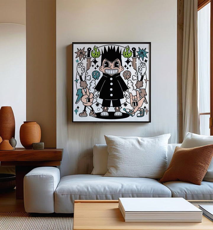 Zany Zingers Comic Art Artwork in Black Plain Frame on Cream Coloured Wall Behind a Cream sofa in a Living Room 