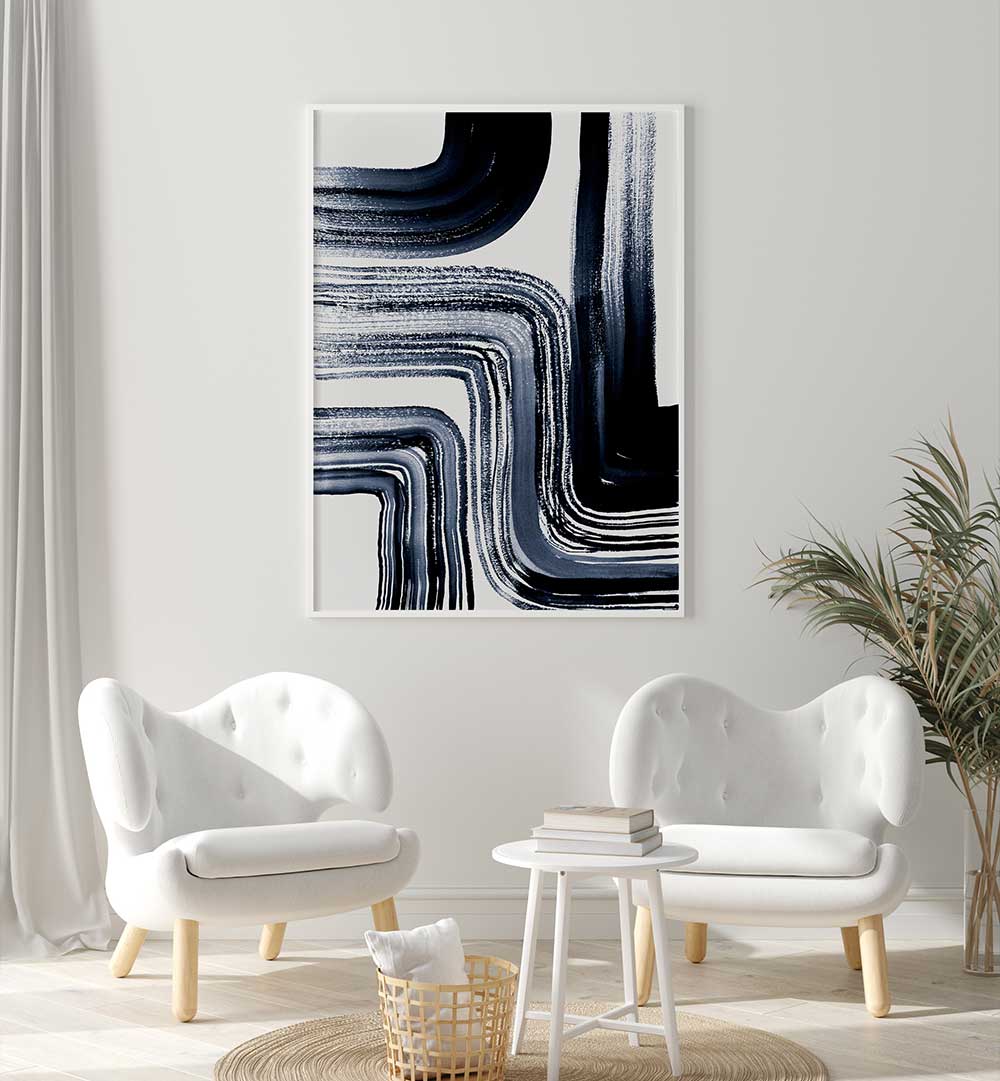 Modern interior featuring ZEN GARDEN STROKES, ABSTRACT PAINTINGS, enhancing tranquility and artistic expression.