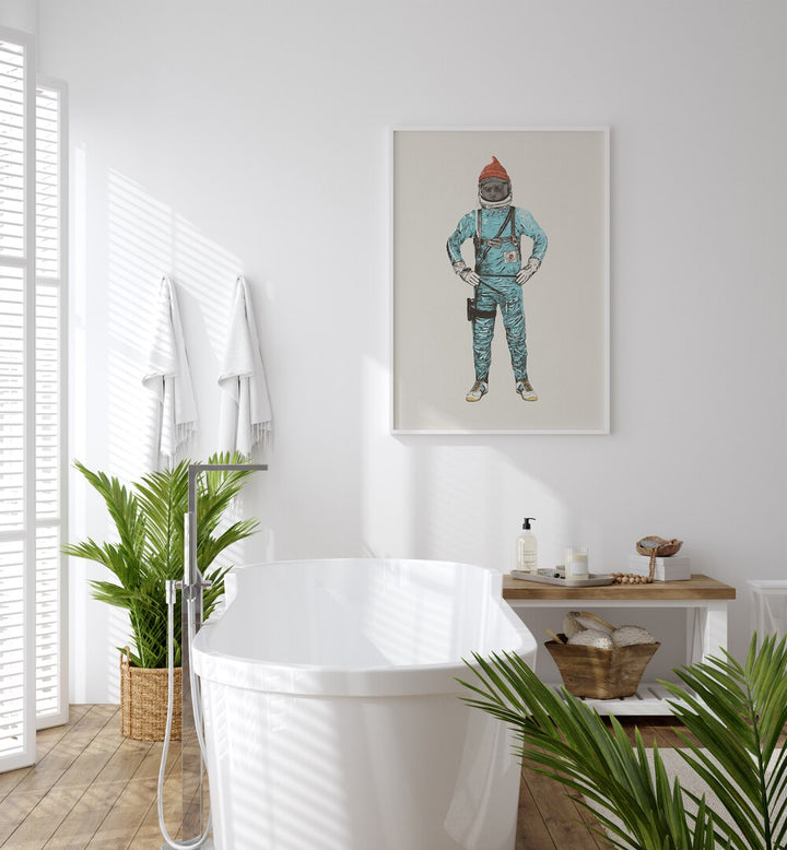 Zissou In Space By Florent Bodart Astronaut & Nasa Paintings, Space Art Prints Artwork in White Plain Frame placed on a White Colored Wall near a Bathtub in the Bathroom


