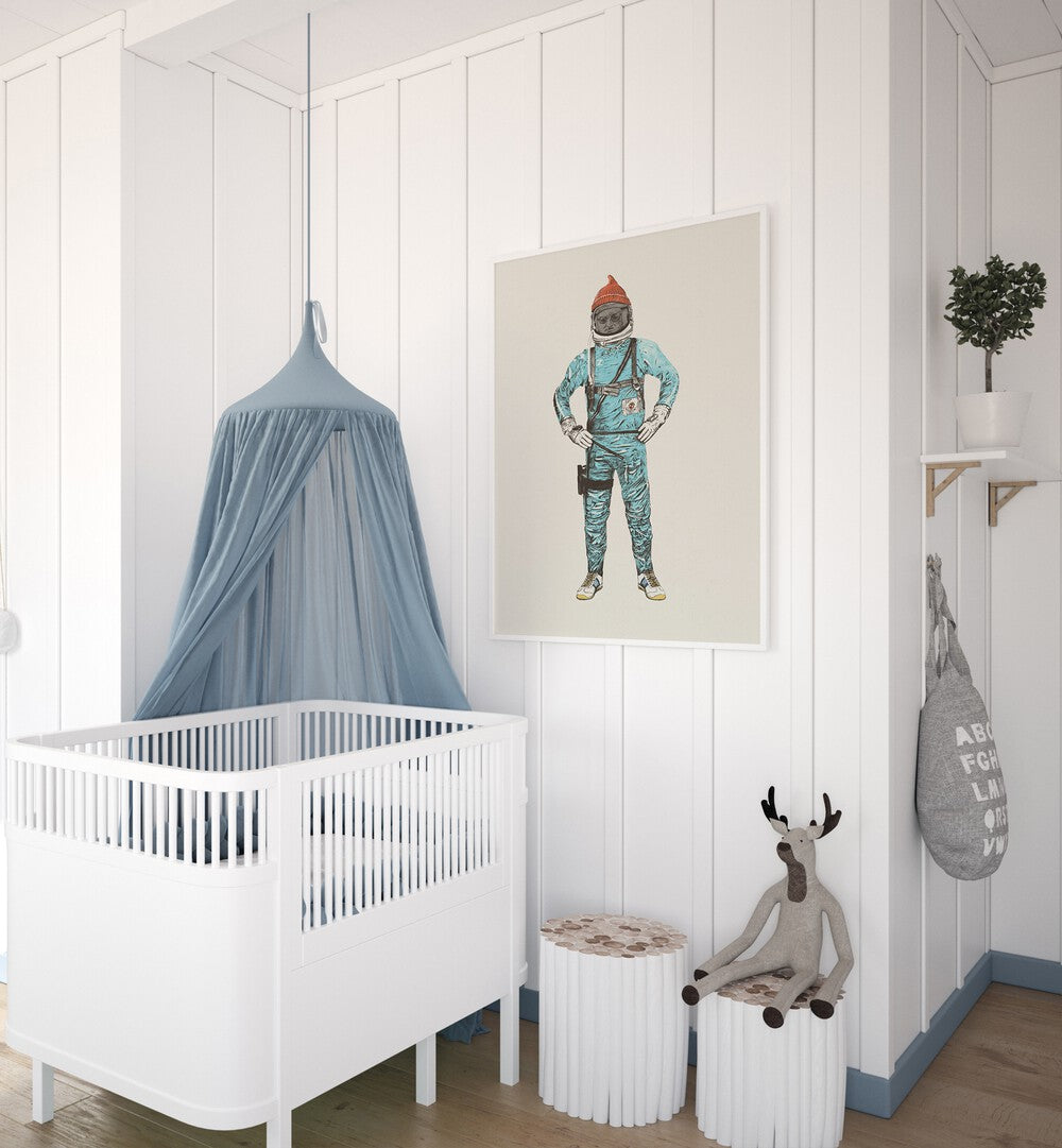 Zissou In Space By Florent Bodart Astronaut & Nasa Paintings, Space Art Prints Artwork in White Floater Frame placed on a White Colored Wall in the Kids Room

