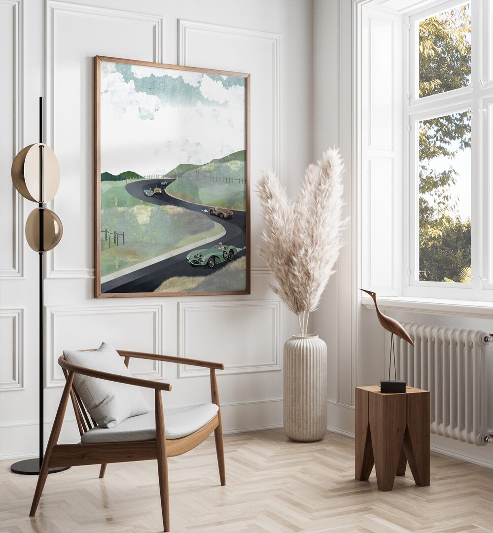 Zandvoort Circuit By Goed Blauw Landscape Art Prints in Dark Wood Plain Frame placed on a White Colored Wall in the Drawing Room