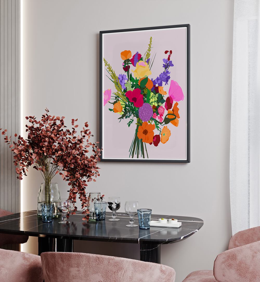 Zeal By Uma Gokhale Botanical Art Prints in Black Plain Frame on a white wall above a dining table