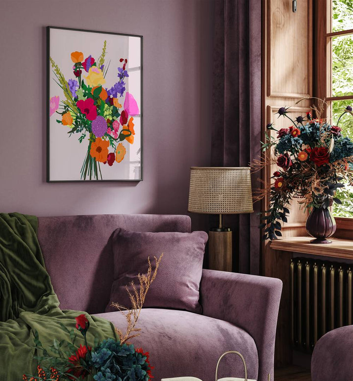 Zeal By Uma Gokhale Botanical Art Prints in Black Plain Frame on a wall behind a sofa