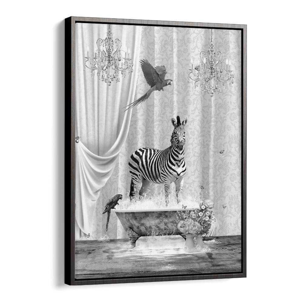 Zebra And Bubbles Black And White  Kids Room Art in Black Floater Frame