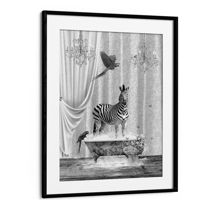 Zebra And Bubbles Black And White  Kids Room Art in Black Frame With Mount