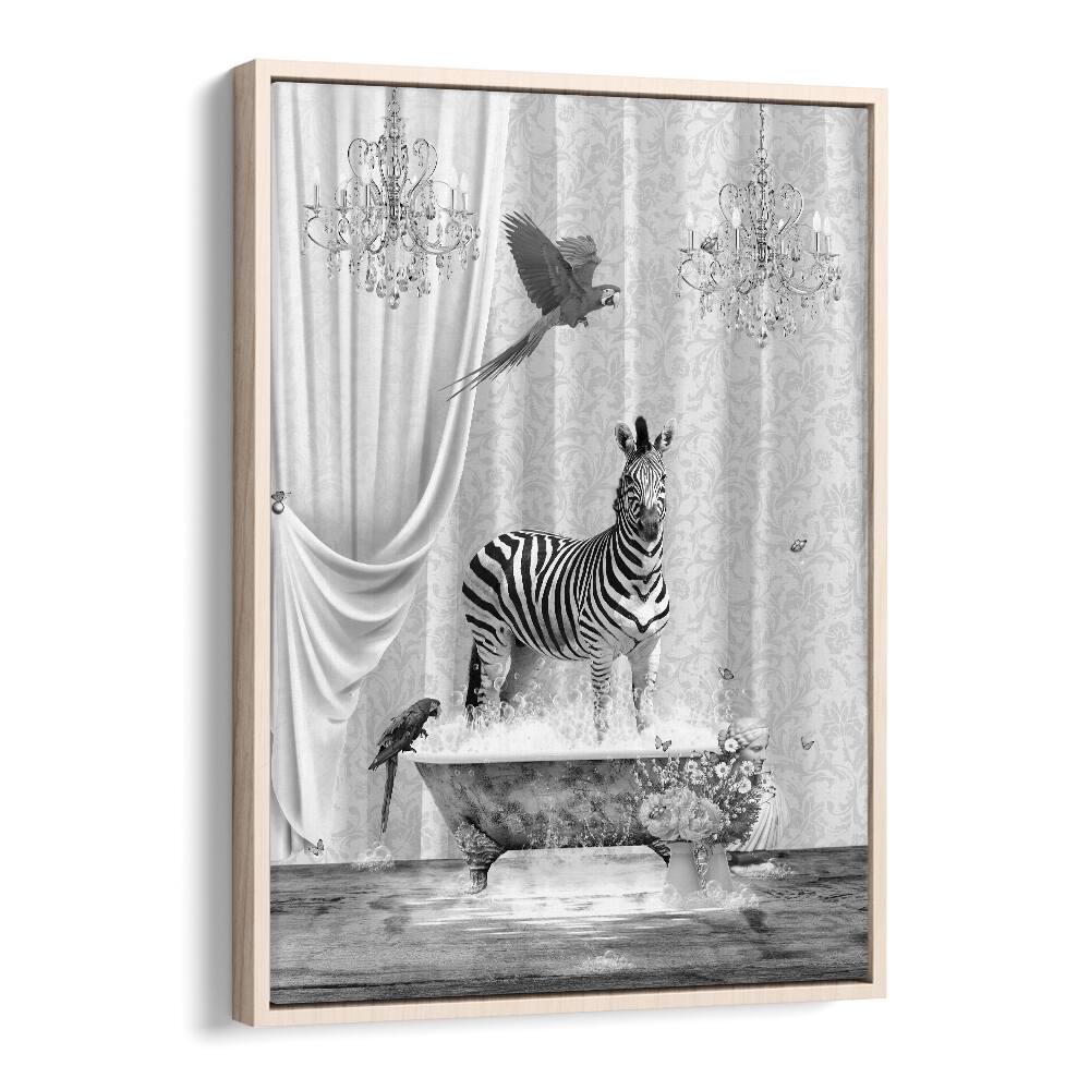 Zebra And Bubbles Black And White  Kids Room Art in Oak Wood Floater Frame