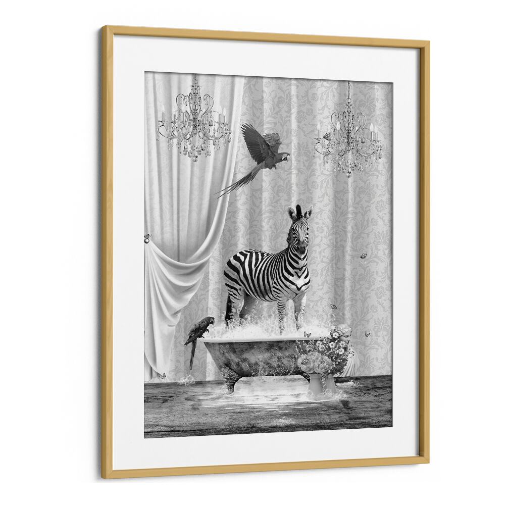 Zebra And Bubbles Black And White  Kids Room Art in Oak Wood Frame With Mount