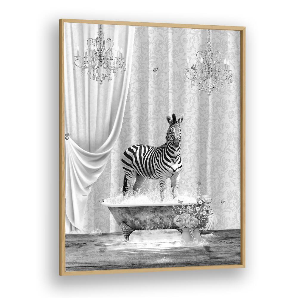 Zebra And Bubbles Black And White  Kids Room Art in Oak Wood Plain Frame