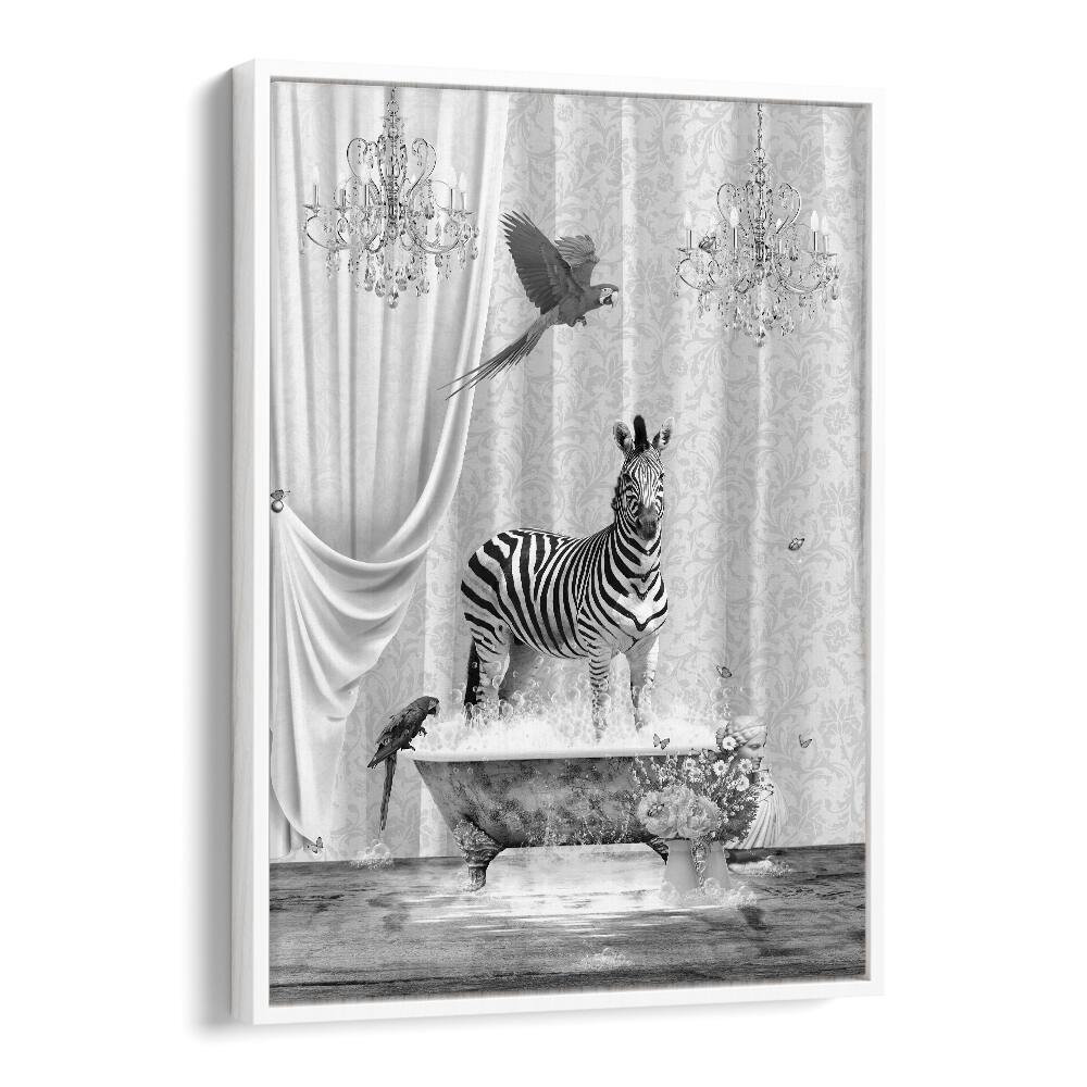 Zebra And Bubbles Black And White  Kids Room Art in White Floater Frame