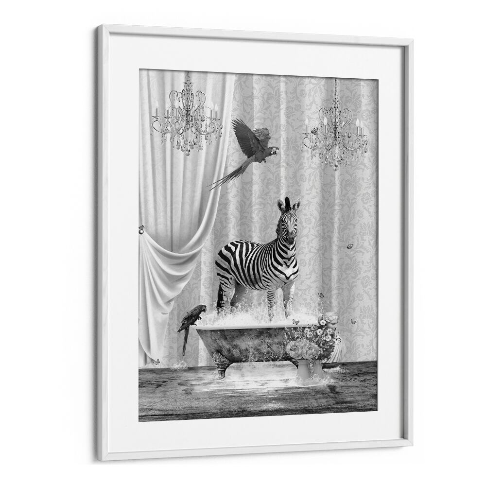 Zebra And Bubbles Black And White  Kids Room Art in White Frame With Mount