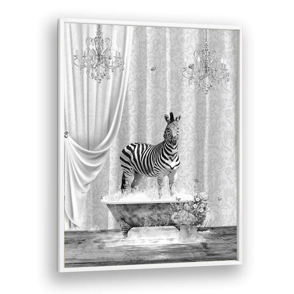 Zebra And Bubbles Black And White  Kids Room Art in White Plain Frame