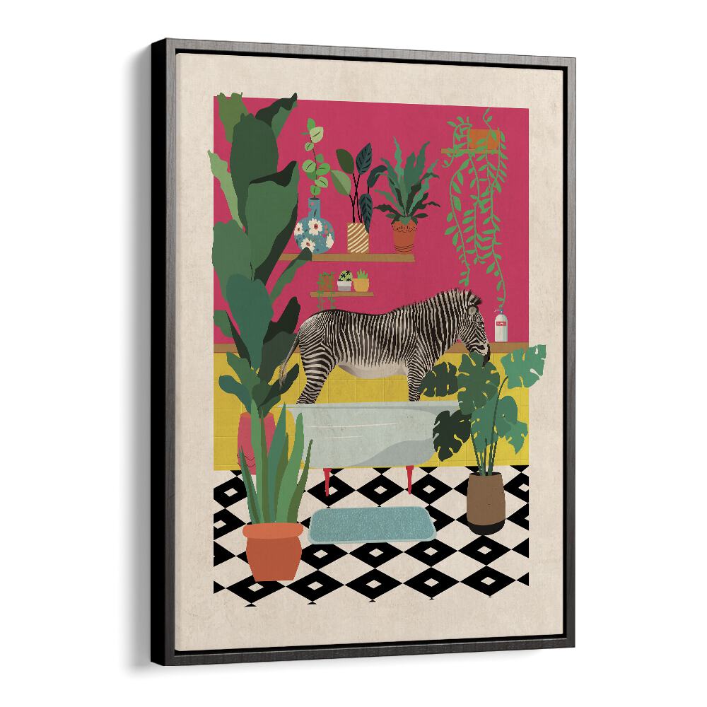 Zebra Bathtime  Kids Room Art in Black Floater Frame