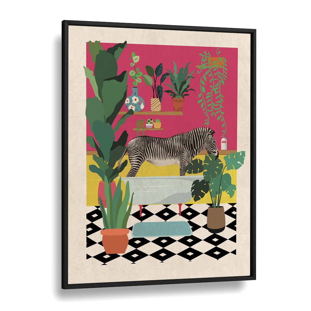 Zebra Bathtime  Kids Room Art in Black Plain Frame