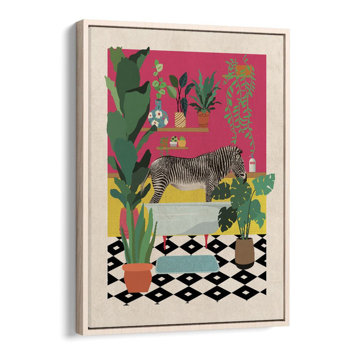 Zebra Bathtime  Kids Room Art in Oak Wood Floater Frame