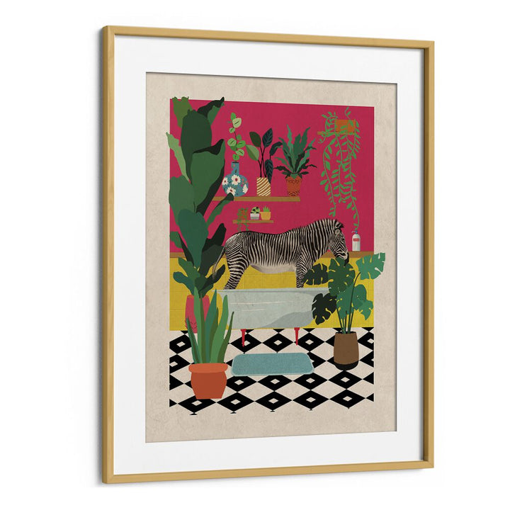 Zebra Bathtime  Kids Room Art in Oak Wood Frame With Mount