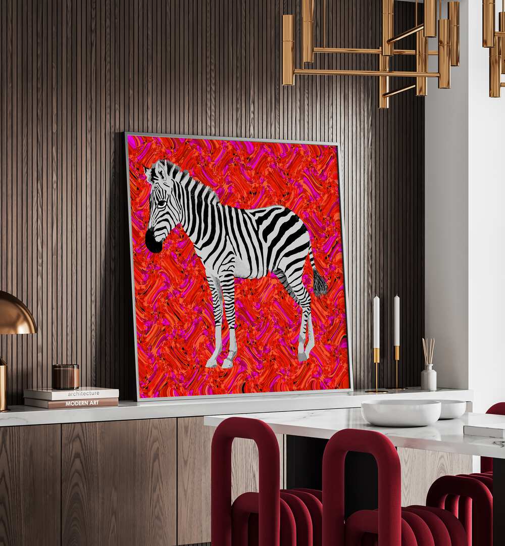 Zebra By Lynnda Rakos Pop Art Paintings Pop Art Prints in Black Plain Frame on a console table behind a dining table