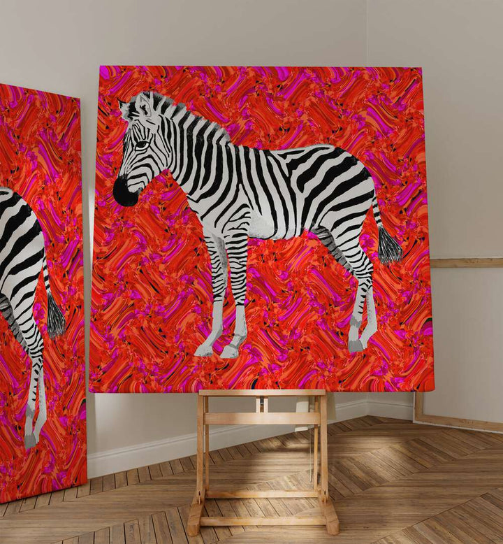 Zebra By Lynnda Rakos Pop Art Paintings Pop Art Prints in Gallery Wrap placed on a easel stand beside an artwork