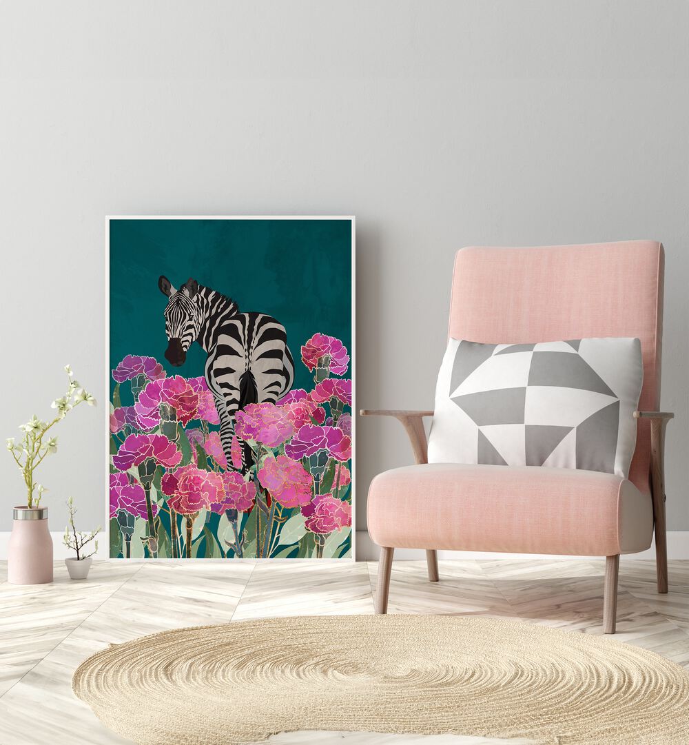 Zebra In A Field Of Flowers Kids Paintings placed on wall 