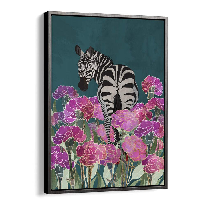 Zebra In A Field Of Flowers Kids Paintings in Black Floater Frame