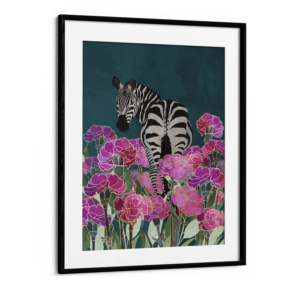 Zebra In A Field Of Flowers Kids Paintings in Black Frame With Mount