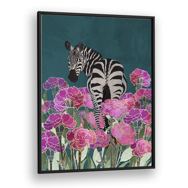 Zebra In A Field Of Flowers Kids Paintings in Black Plain Frame