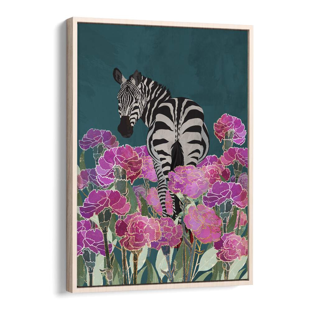 Zebra In A Field Of Flowers Kids Paintings in Oak Wood Floater Frame